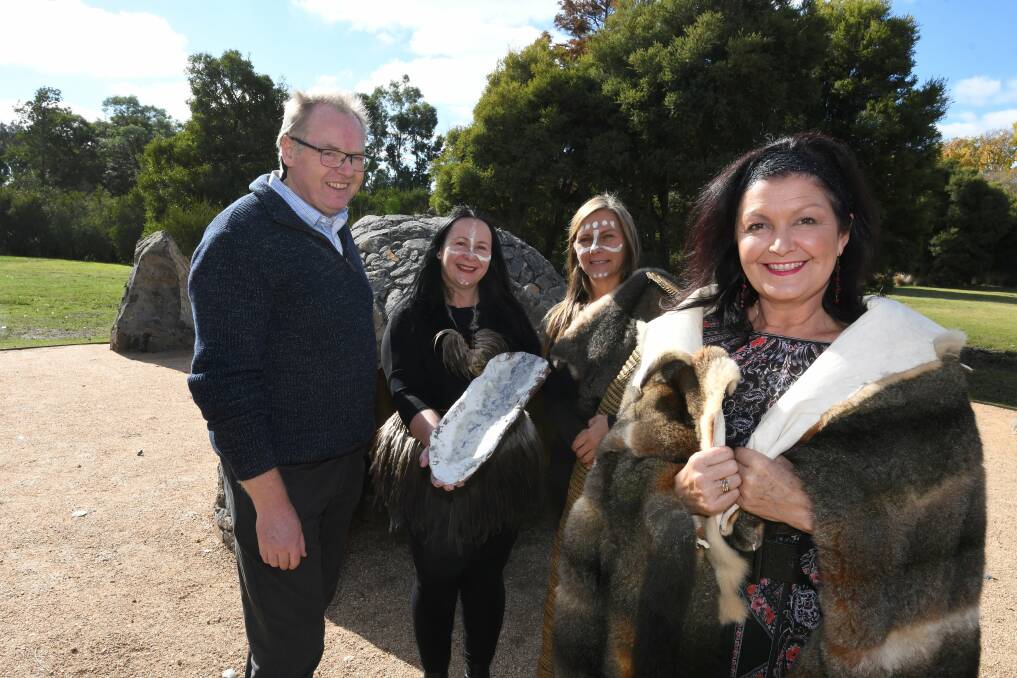 STORIES: Researcher Fred Cahir, Wadawaurrung women Deanne Gilson and Tammy Gilson with mayor Samantha McIntosh. Picture: Lachlan Bence