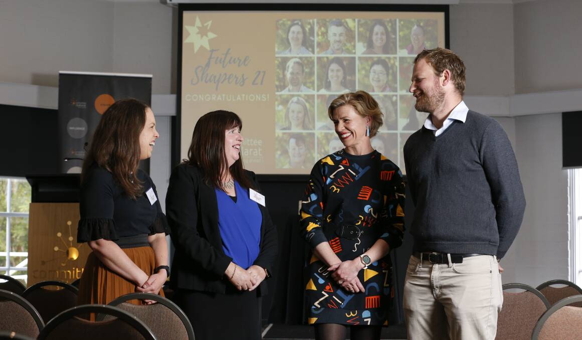 LEADING ROLES: Future Shapers Kasey Cornwell, Pam Sutcliffe and Owen Harris with Committee for Ballarat leadership program lead Ellen Jackson (second from right) at graduation on Wednesday. Picture: Luke Hemer