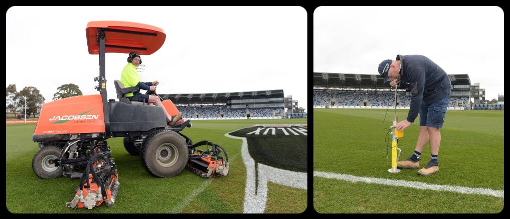 GROUNDWORK: City of Ballarat sports grounds curators Jeremy Collier and Greg Spratling ensure Mars Stadium's surface is AFL-perfect. Picture: Kate Healy