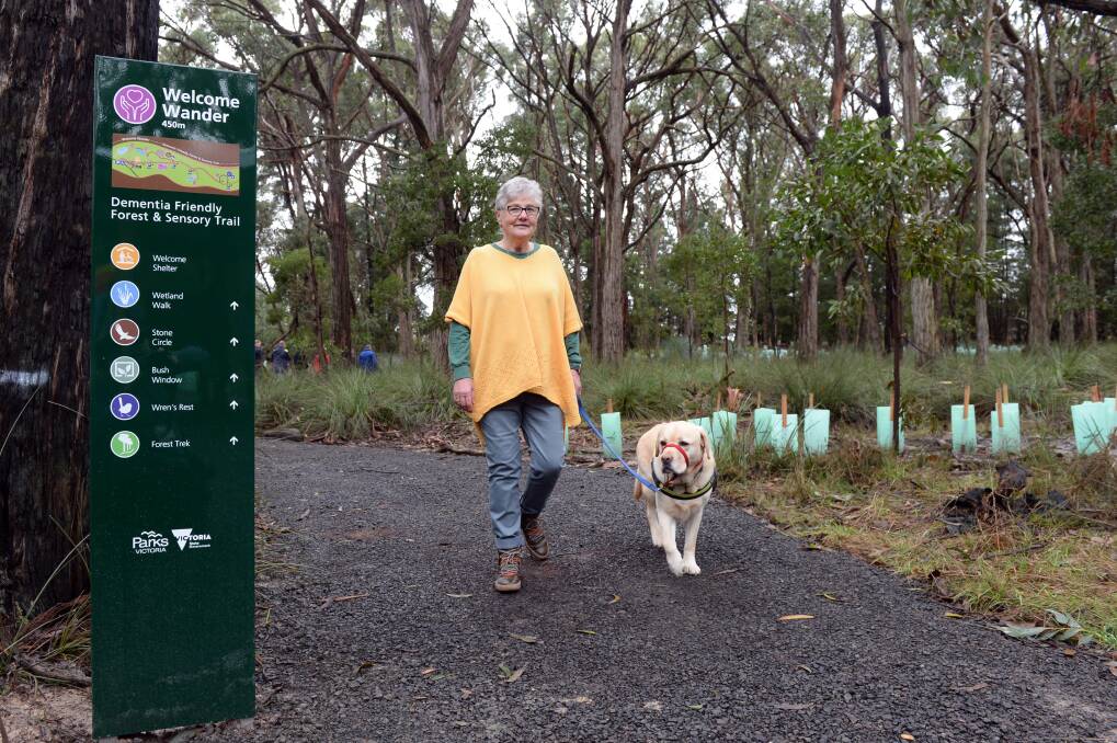 BIG STEPS: Dementia champion Anne Tudor and dementia companion dog Melvin set out on Australia's first dementia-friendly sensory forest trail. Picture: Kate Healy