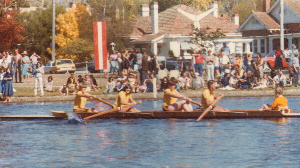 Ballarat Grammar's winning Girls' Head of the Lake crew at the finish in 1980.