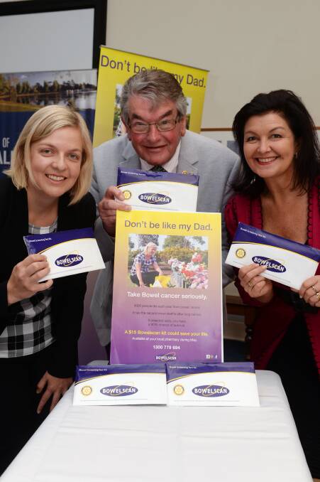 AWARENESS: Advocate Kimberley Rice, Rotary Club of Ballarat South Bowelscan co-ordinator Gordon Williamson and Ballarat mayor Samantha McIntosh urge people to overcome embarrassment and take the test. Picture: Kate Healy