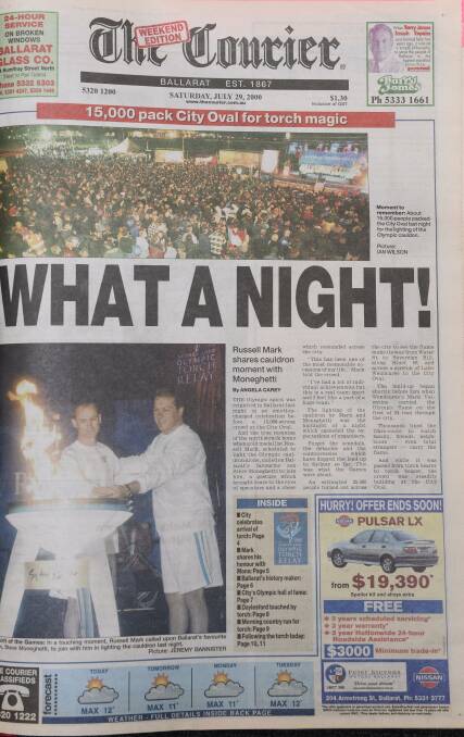 SPOTLIGHT: This story on The Courier front page, July 29 in 2000, captures the pride when the torch relay lit up Ballarat with Steve Moneghetti and Russell Mark sharing honours to light a cauldron at City Oval. 