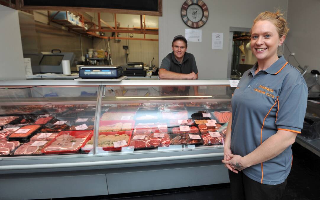 CHOP TO IT: Butcher James Collicoat and wife Hayley are already putting Avoca on the map in Sausage King titles. Picture: Lachlan Bence