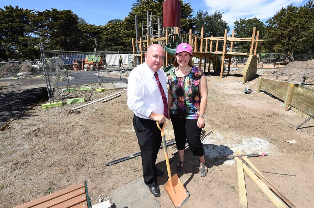 MILESTONE: Ballarat councillor Des Hudson and inclusive play space advocate Rebecca Paton get construction underway in 2016, about four years after Ms Paton first lobbied for the space. Picture: Lachlan Bence
