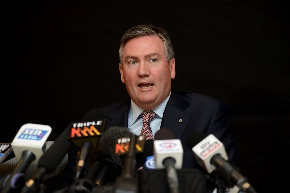 CAUGHT: Eddie McGuire faces media after on-air remarks about Adam Goodes in May 2013. It's uncomfortable viewing but helps unearth unconscious biases. Picture: The Age