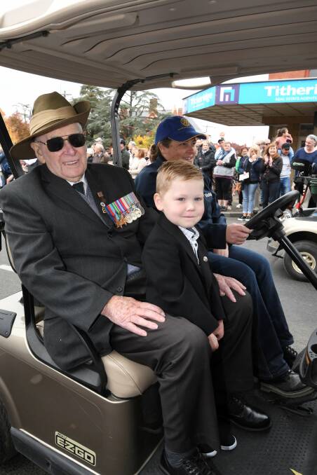 LEGACY: Australian Field Ambulance corporal George Prolongeau, then aged 102, in the Ballarat Anzac Day parade with great-grandson Andre last year. Picture: Lachlan Bence