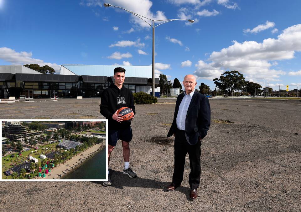 VISION: Basketball Ballarat's Connor Carey and Peter Eddy on the site of what will be accessible three-on-three courts in Ballarat and (Inset), NBL 3x3 Hustle on the Geelong Waterfront. Picture: Adam Trafford and NBL 3x3 Hustle