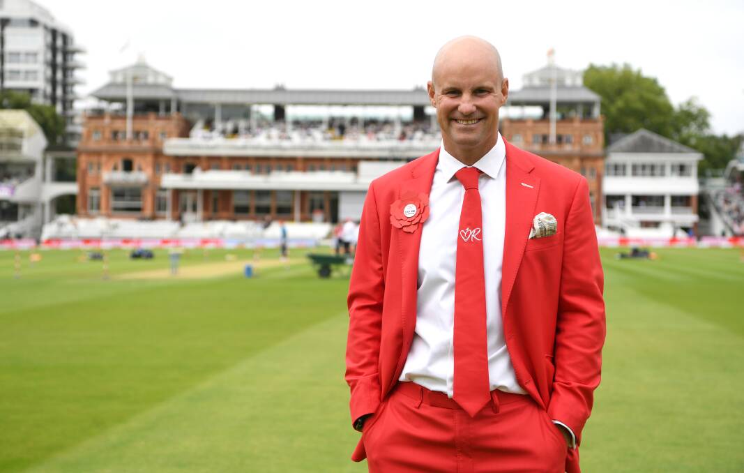 BRIGHT NOTE: Former England captain Andrew Strauss in his Red for Ruth suit ahead of day two of the second Test Match between England and India at Lord's Cricket Ground in London, England. Picture: Getty Images