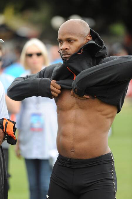 FOCUS: Jamaican sprint star Asafa Powell tested his game at Stawell in 2013. Injury stops him from running into history on the Gold Coast. Picture: Lachlan Bence
