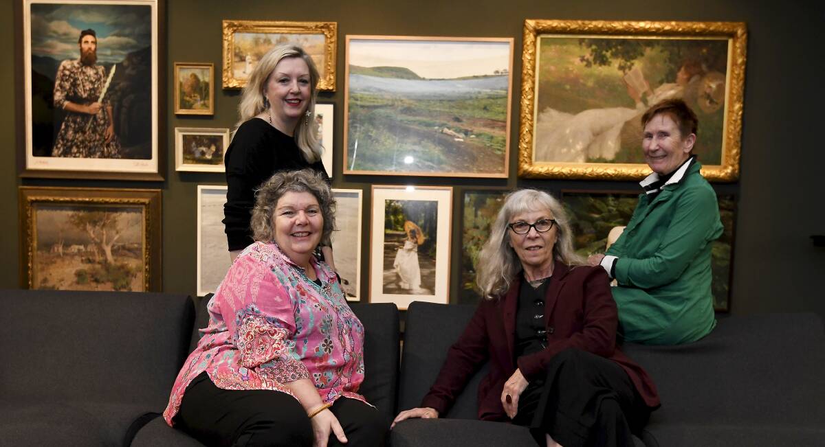Art Gallery of Ballarat director and exhibition curator Louise Tegart (back right) with (clockwise) artists Jill Orr, Anne Zahalka and Nici Cumpston whose works feature prominently in Beating About the Bush. Picture by Lachlan Bence