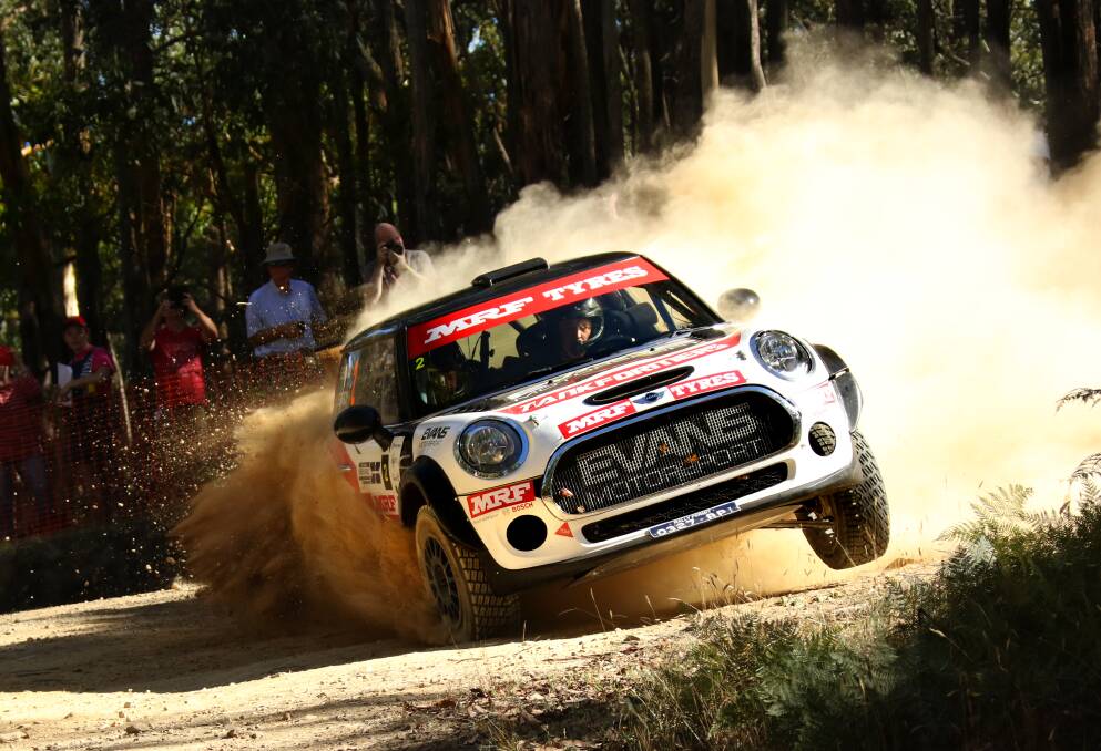 RACING: Eli Evans and Ben Searcy kick up a storm in Mini Cooper S amid Eureka Rally action at the weekend. Picture: John Doutch, BTeam Rally Media