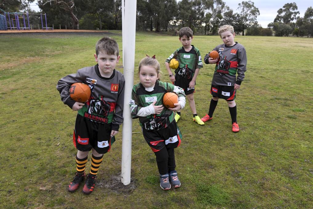 NO-WHERE TO PLAY: Billy Sheehan (age seven), Millie Liversage (six), Dexter Pridham (eight) and James Risby (eight) were ready to help launch Woady Yallock's new club venture this season.Picture Lachlan Bence.