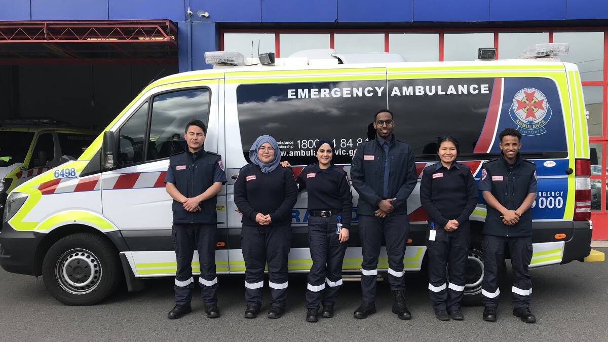 READY: Culturally and linguistically diverse Ambulance Community Officers, including Ghanieh Daghagheleh (third from left), from Beaufort and Foster. Picture: Ambulance Victoria