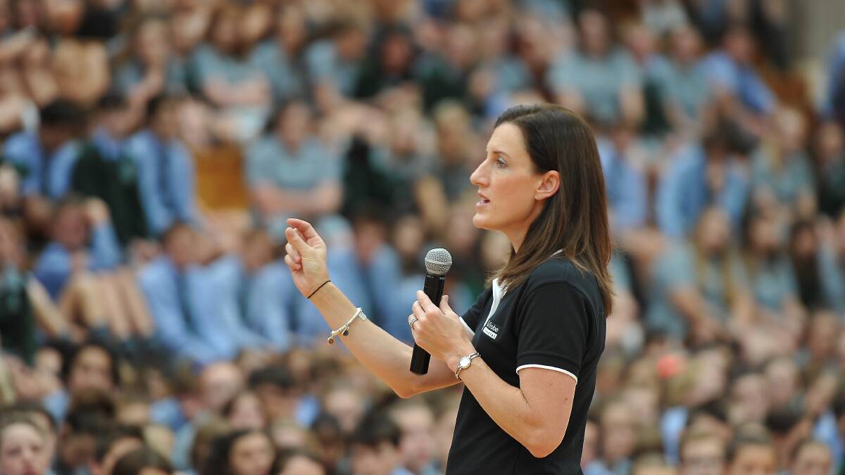 MOTIVATION: Five-time Olympian and five-time world champion aerial skiier Jacqui Cooper addresses the Ballarat High student body. Picture: Lachlan Bence