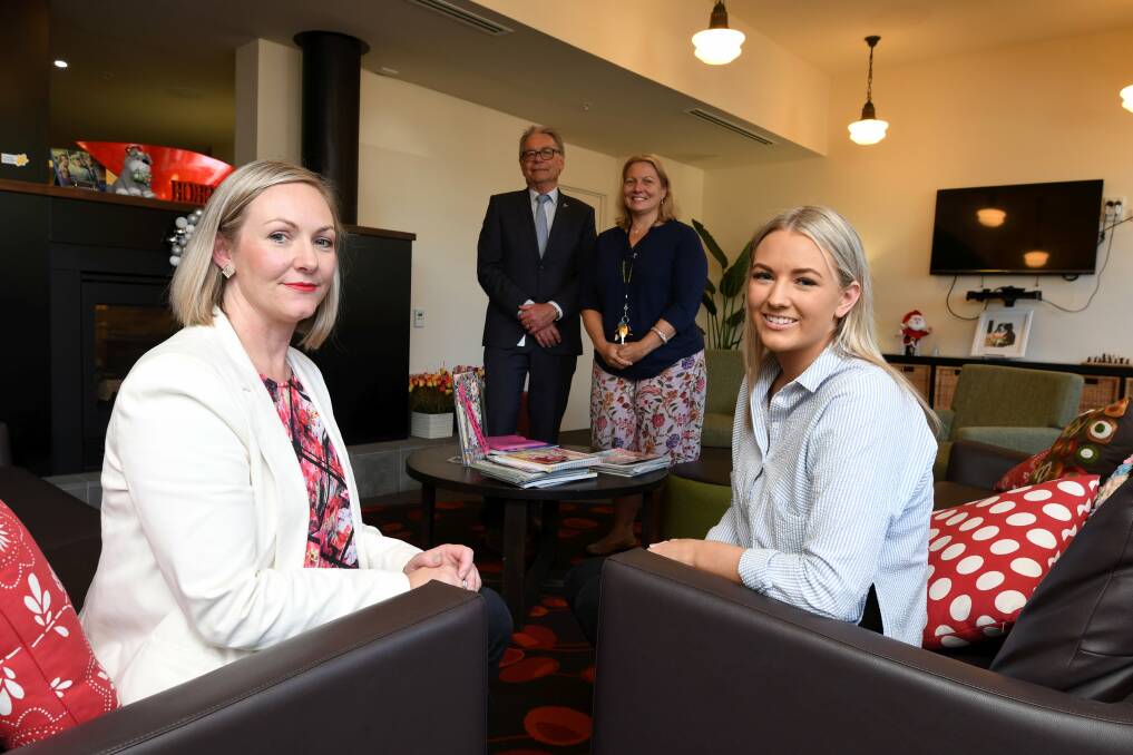 PROUD: Julie-anne Dudley and her daughter Tayla Dudley meet with BHS foundation and fundraising director Geoff Millar and wellness centre coordinator Simone Noelker in the wellness centre, which is part of Ballarat Regional Integrated Cancer Centre. Picture: Lachlan Bence