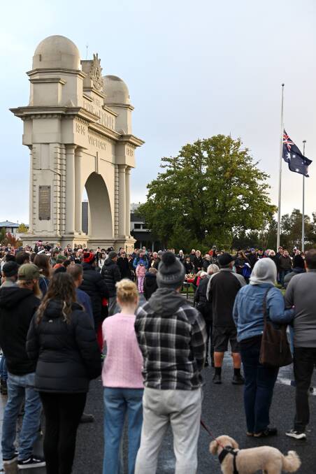 Hundreds gather by the Arch of Victory, Australia's largest commemorative arch, for the 2024 Anzac Day service at 8am. Picture by Lachlan Bence