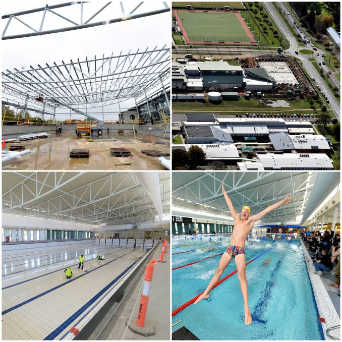 Evolving construction of Ballarat Aquatic and Lifestyle Centre's 50m pool to its opening day (bottom right) in 2015.
