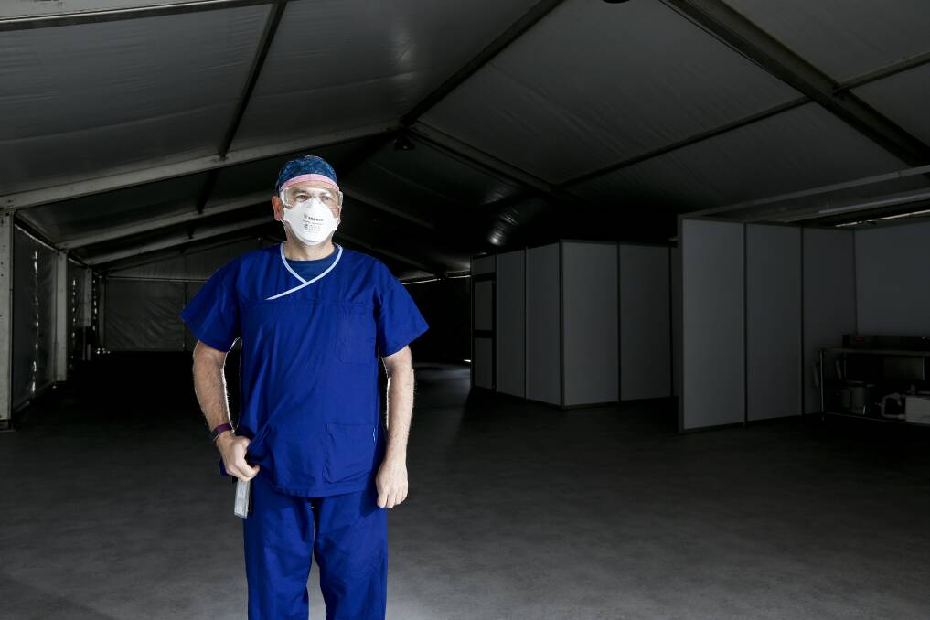 READY: Ballarat Health Services' COVID ward nurse unit manager Marcus Hovey inspects the new tent triage location for respiratory patients who arrive via emergency care. Picture: Luke Hemer