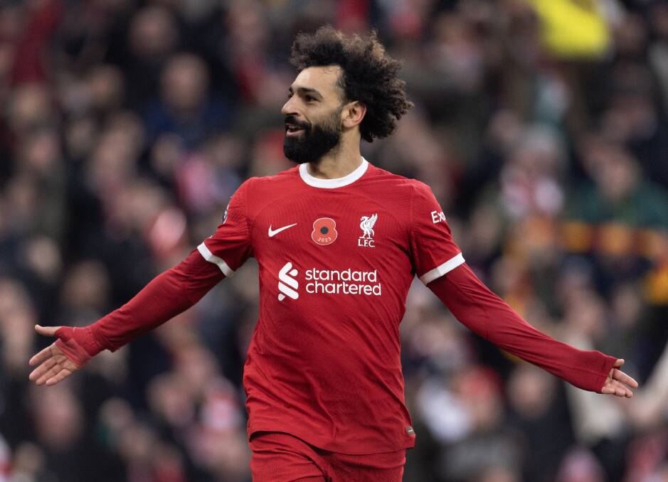 Renowned English Premier League goalscorer Mohamed Salah celebrates scoring for Liverpool against Brentford at Anfield on November 12, 2023. Picture by Getty Images