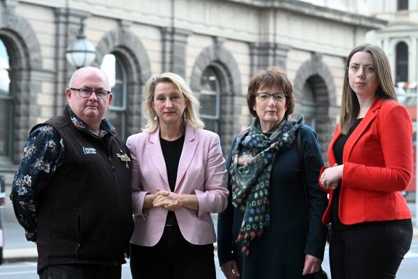 City of Ballarat mayor Des Hudson, Victorian Family Violence Prevention Minister Vicki Ward, Women's Health Grampians' Jane Measday and Ripon MP Martha Haylett unite on the issue of gendered violence rocking Ballarat. Picture by Kate Healy