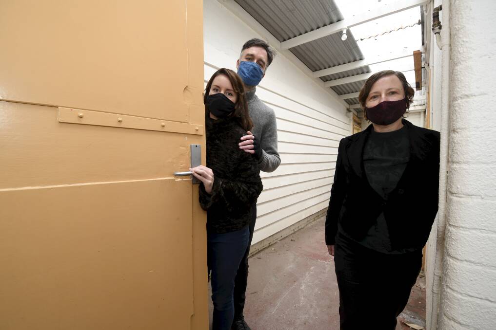 OPENING SOON: Ballarat composers Kate Lucas and Damien Charles explore the city's hidden doors with City of Ballarat councillor Belinda Coates for added inspiration to the upcoming art installation 1000 Doors - A Door Within A Door. Picture: Lachlan Bence