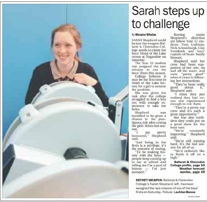 Sarah Shepherd ahead of making history as the first girl to cox a crew in the Boys' Head of the Lake. Clipping from The Courier on February 14, 2007.