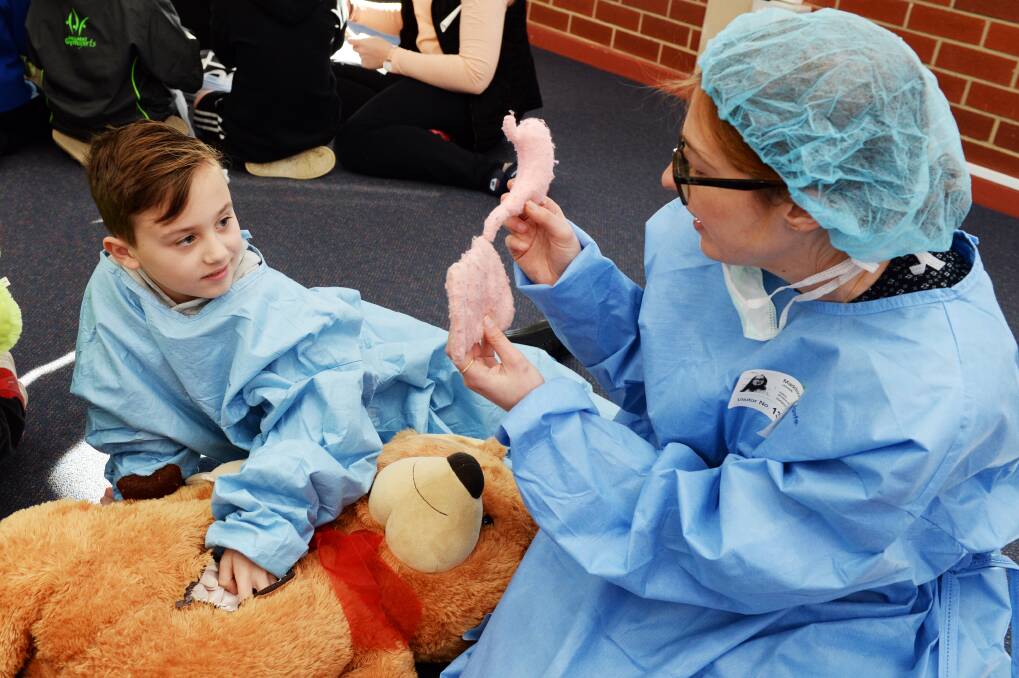 OPERATION: Maddison Johnstone and Nik give an open-chest lung examination to a big teddy in surgery. Picture: Kate Healy