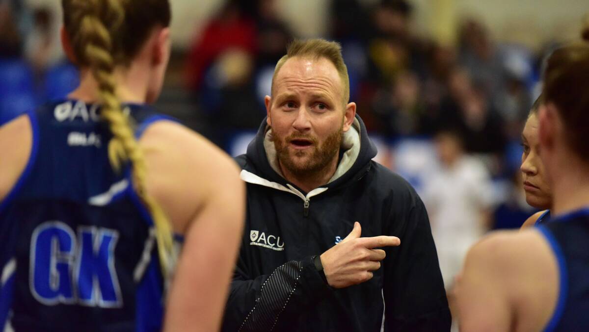 LEADERSHIP: Sovereigns championship coach Guy Keane addresses his players during a game at Wendouree Sports and Events Centre. Picture: Brendan McCarthy