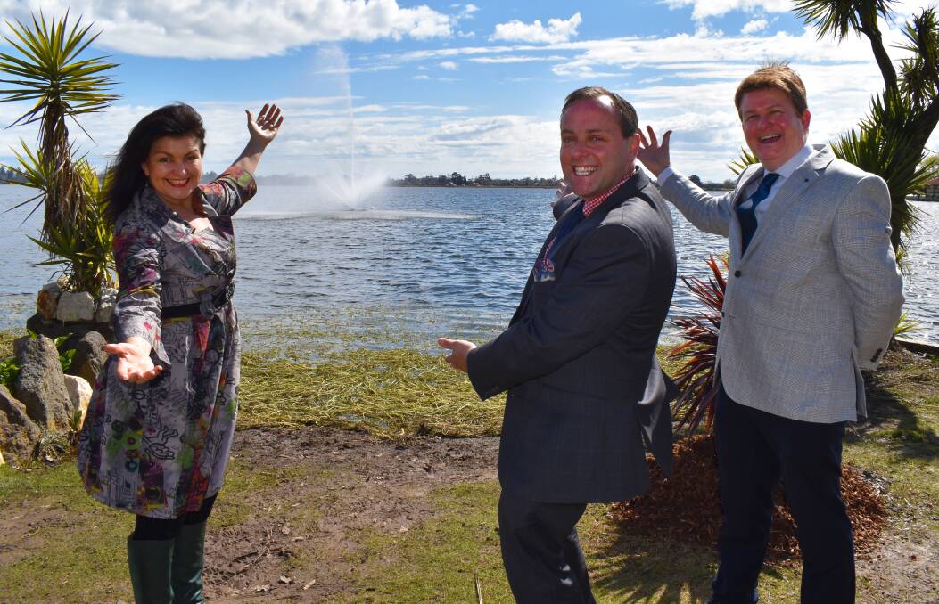 FEATURE: City of Ballarat mayor Samantha McIntosh celebrates the fountain restoration with business donors Malcolm Roberts and Michael Stubbs. Picture: City of Ballarat