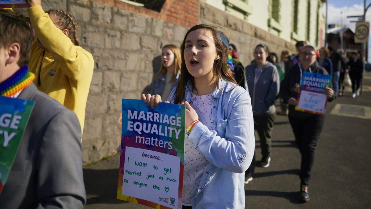 Mia Danko marches for marriage equality in Ballarat last month. Picture: Luka Kauzlaric