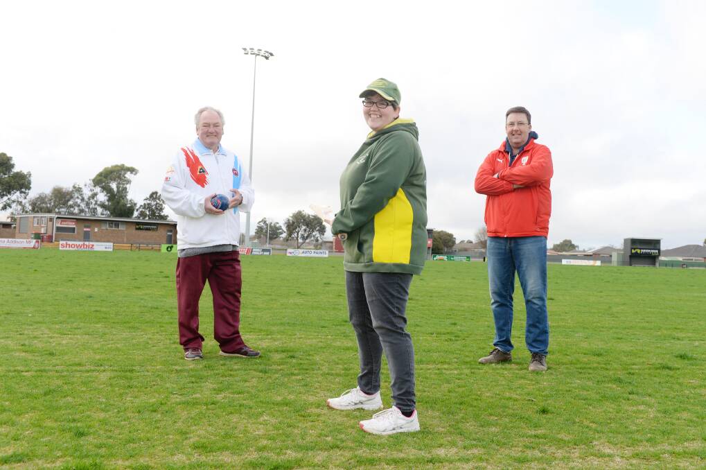 READY FOR ACTION: Ballarat Memorial Sports Bowls Club president Kevin McLean and Ballarat Football Netball Club president Karl Drever with Ballarat-Redan cricketer Samantha Sculley at Alfredton Recreation Reserve. Picture: Kate Healy