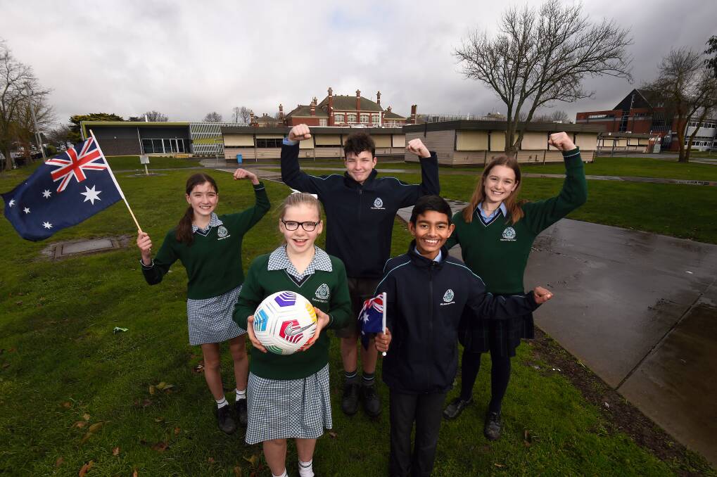 CHEER TALENT: Ballarat High School students Millie, Erica, Jett, Jai and Willow can hardly wait for former High students Kathryn Mitchell and Kyra Cooney-Cross to contest Olympic finals in the Tokyo. Picture: Adam Trafford
