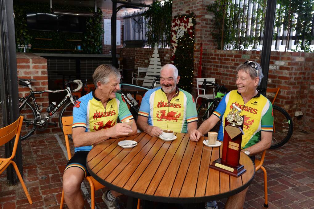 RACE FUEL: Saxons riders Jamie Govan, Ian Wightwick and David Fisken catch up for a pre-Christmas ride, coffee and strategy talk at The Western Hotel on Friday morning. Picture: Kate Healy
