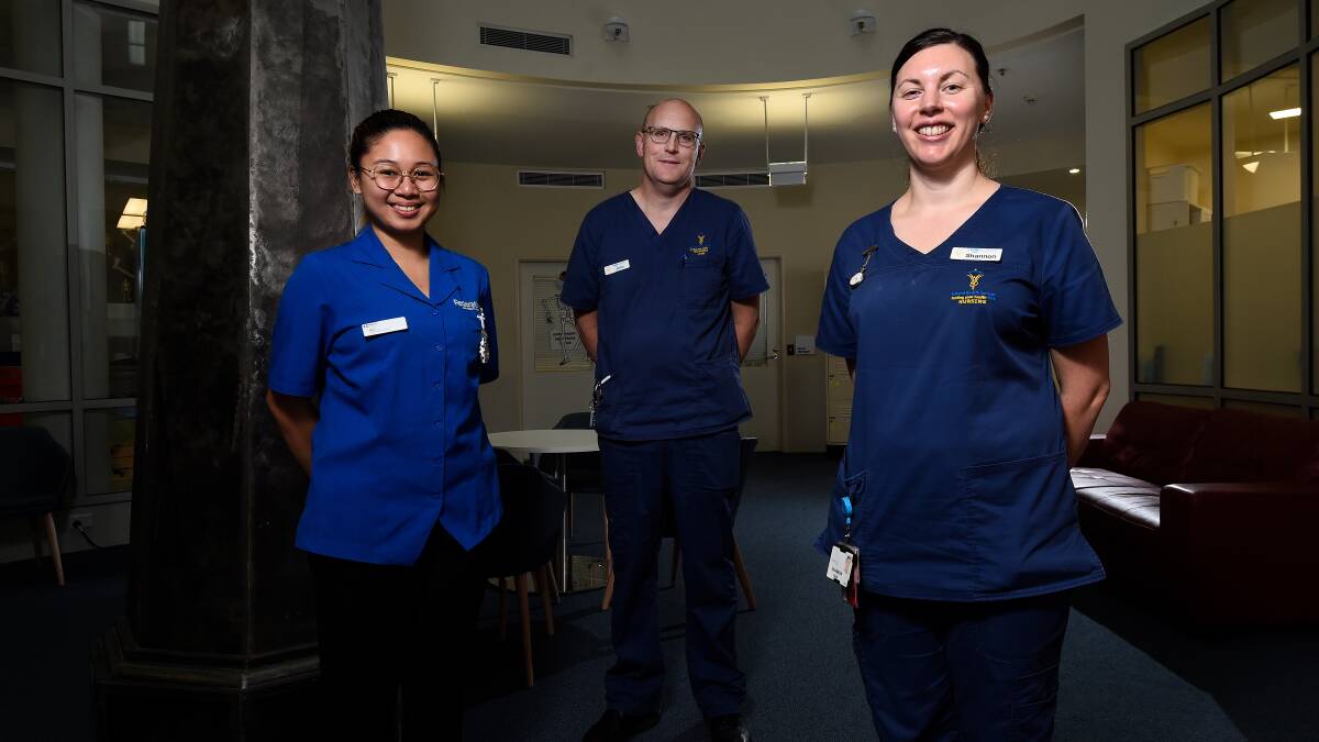 THANK YOU: Ballarat Health Services nurses Nina, John and Shannon on north ward two feel community support for International Nurses Day on Tuesday. Picture: Adam Trafford