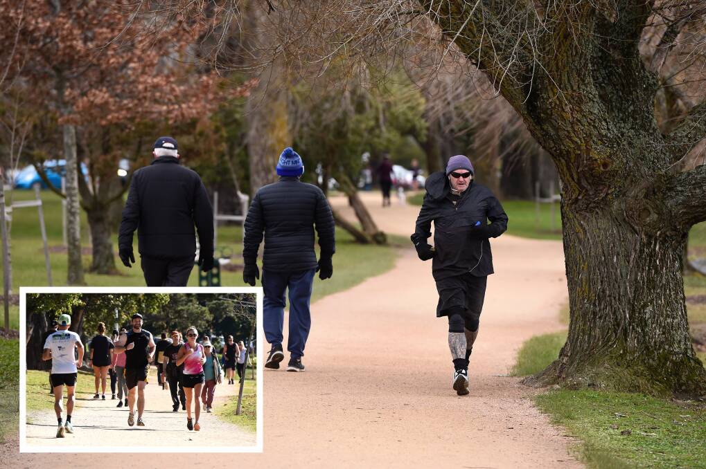 NOW AND THEN: Winter has not frozen Lake Wendouree's reputation as prime exercise spot. It would be great to have people back working out in numbers seen at Easter (inset). Pictures: Adam Trafford