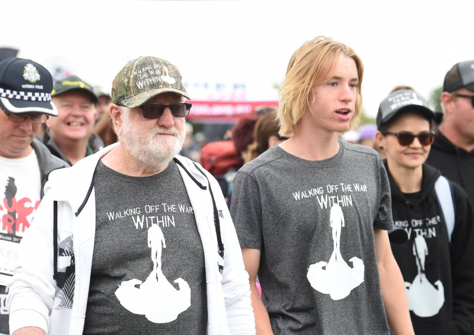 SUPPORT: John Shanahan and his grandson Ethan Preston together in Walking off the War Within's Ballarat event to promote mental health support for service personnel at St Patrick's College last year. Picture: Kate Healy