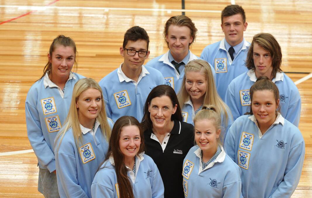 Jacqui Cooper with Ballarat High School's firsts crews at Boat Race assembly on Thursday. Picture: Lachlan Bence