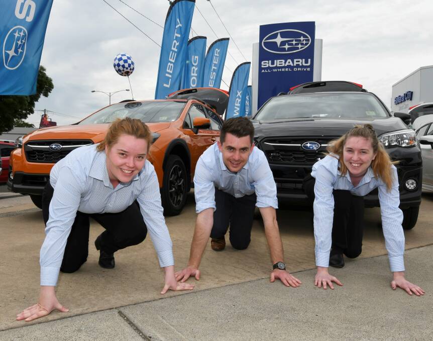 ON MARKS: Ballarat City Honda Subaru's Cate Davies, Michael Ryan and Sarah Whiting are getting ready to Run for a Cause. Picture: Lachlan Bence