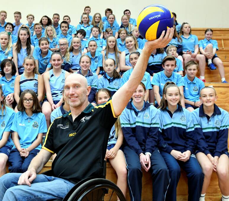 Paralympic wheelchair rugby player Jason Lees visits Ballarat High School last year to encourage more people to get on the move for Active April. Picture: Lachlan Bence