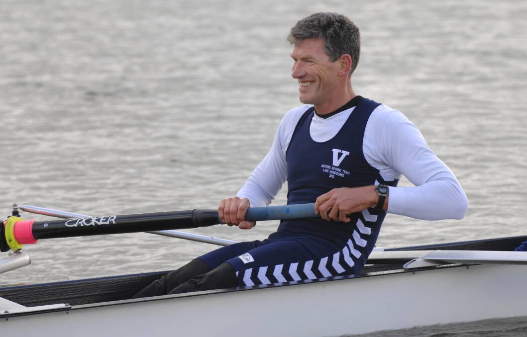IN ACTION: Ballarat's first Olympic medallist Gary Gullock on the water at Lake Wendouree in the 2012 Australian Masters Rowing Championships. Gullock won silver in the men's quad sculls in the 1984 Los Angeles Olympic Games. Picture: Adam Trafford