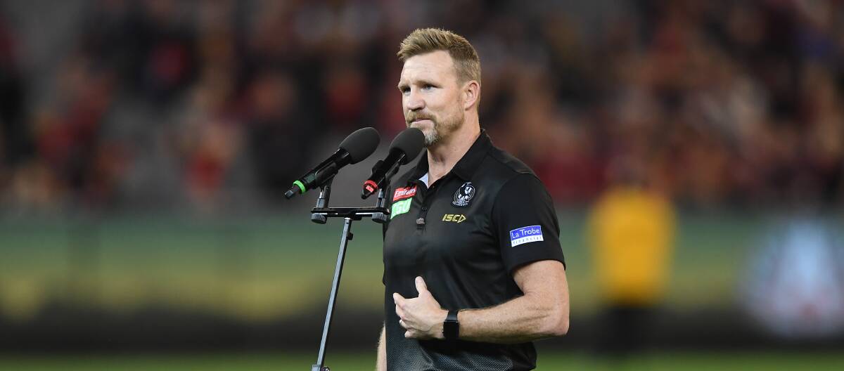 LEADERSHIP: Nathan Buckley speaks from the heart in calling out unacceptable crowd behaviour in the heat of the moment, in the Anzac Day post-match formalities at the MCG on Thursday. Picture: AAP
