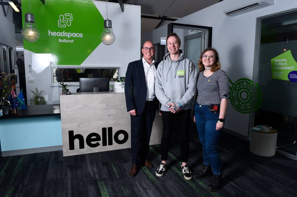 National Headspace chief executive officer Jason Trethowan, who grew up in Ballarat, catches up with Headspace Ballarat community engagement officer Andy Penny and Headspace youth national reference group member Holly Ellis at the re-opening. Picture by Adam Trafford