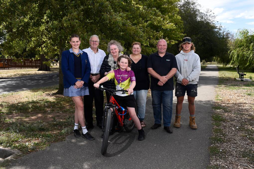 LEGACY: Fiona Elsey's family - niece Sarah, parents Greg and Gail, nephew Nathan, sister-in-law Narelle, cousin Anthony and his son Will - are ready for Ballarat Cycle Classic. Picture: Adam Trafford.