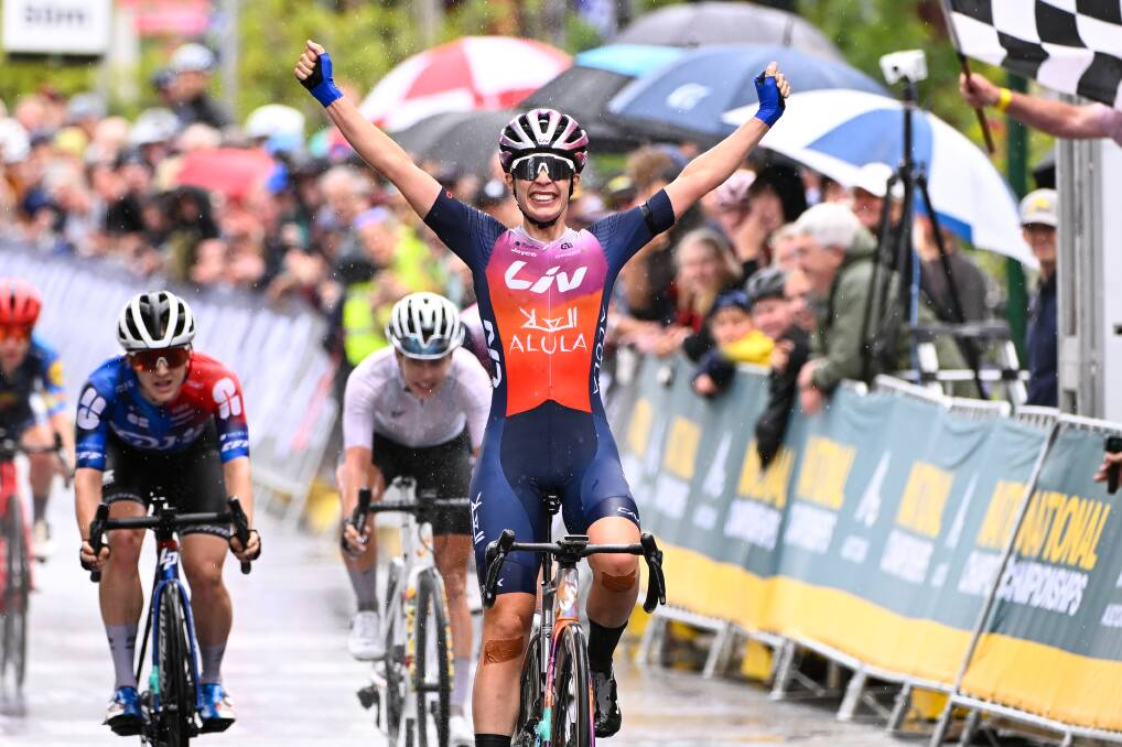 Australian women's elite champion Ruby Roseman-Gannon was emotional to win in Buninyong on January 7, 2024. She has been recognised internationally for her rides on this course. Picture by Adam Trafford