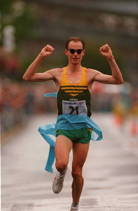 GOLDEN MEMORY: Steve Moneghetti crossed the line to win Commonwealth Games marathon gold in Victoria, Canada, 1994. Picture: Craig Golding.