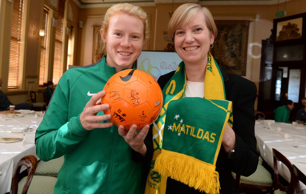 ROLE MODELS: Matildas-then co-captain Clare Polkinghorne and Victorian Minister for Women Fiona Richardson meet in Ballarat and set a standard for how women should be treated in sport and, ultimately, in communities. Picture: Kate Healy