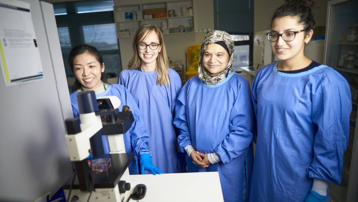 TEAMWORK: Ovarian Cancer researchers Dilys Leung, Elif Kadife, Professor Nuzhat Ahmed and Farah Ahmady in the FECRI laboratory last year. Picture: Luka Kauzlaric