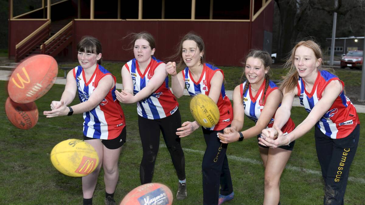 FUN: Dragons Keisha Darroch, Ginger Howard, Edie Byvoet, Bailey Bellin and Jovie Skewes-Lunton call on girls to join them. Picture: Lachlan Bence