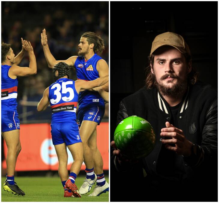 CONTRAST: Western Bulldogs Tom Boyd makes a formidable figure on the field and (right) shows the courage to open up about his personal struggles for headspace. Pictures: Wayne Ludbey, Justin McManus